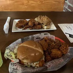 Buffalo Chicken Sandwhich and Arjay Duck both with sweet potato fries