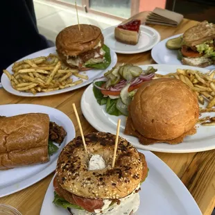 Middle left: Buffalo Ranch Fried Chicken with Garlic Fries Top left: Strawberry Cheesecake Slice
