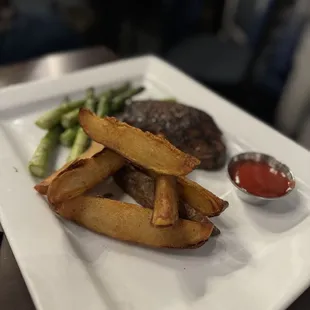 Steak, wedge fries, and asparagus (bland vegan style)