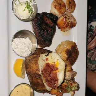 Steak and Cake meal with 3 shrimp imperial and 3 scallops with a baked potato