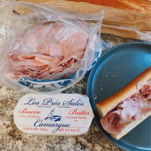 Had a random jambon-beurre craving. Three Pigs French bistro ham / $15.99/lb + Les Pres&apos; Sales Belgian sea salt butter / $7.99
