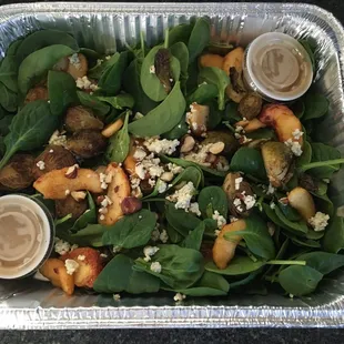 Roasted Brussel sprout apple blue cheese and spinach salad