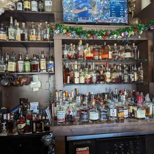 a bar full of liquor bottles