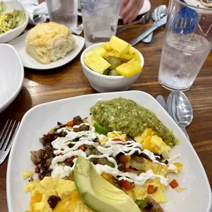 Aztec breakfast with green salsa and avocado. I substituted fruit instead of a biscuit.