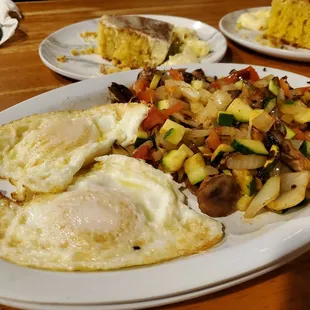 Order if sides: eggs, sauteed veggies and cornbread