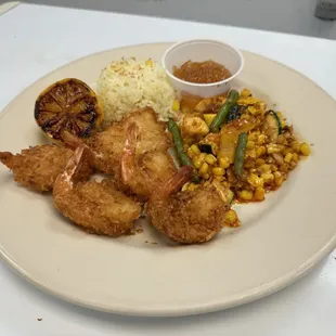 Lunch Special- Coconut Shrimp with Marmalade, Rice, and Vegetables