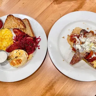 Pierogis, Eggs &amp; Sausage; Maple Peach French Toast