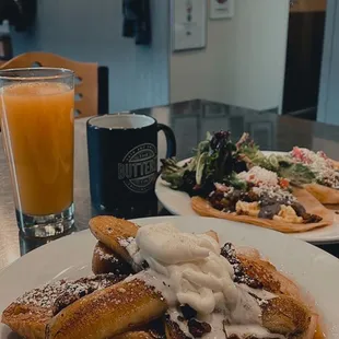 Banana Foster French Toast, Breakfast Tacos, Orange juices, and TBT Coffee
