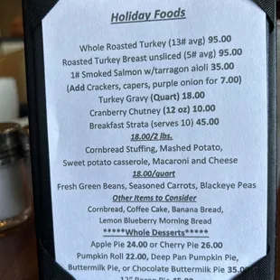 Holiday family menu