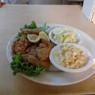 fried oysters,macaroni salad and cucumber onion salad