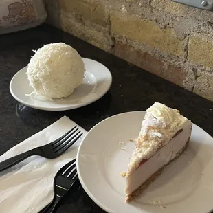 snowball, raspberry donut cheesecake