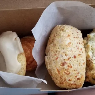 L to R: coffee donut, honey hive, old bay biscuit, ham &amp; rosemary scone