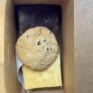 (Top to bottom) Ganache brownie, chocolate chip cookie, and carrot cheesecake brownie (aka bunny trail)