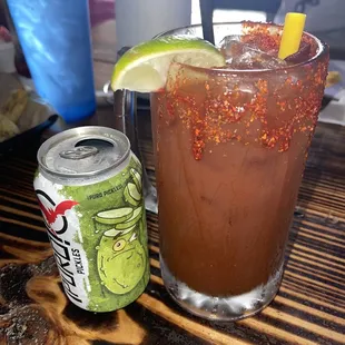 Michelada with pickle beer and chamoy straw