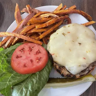 Cheeseburger with lettuce &amp; tomato with sweet potato fries