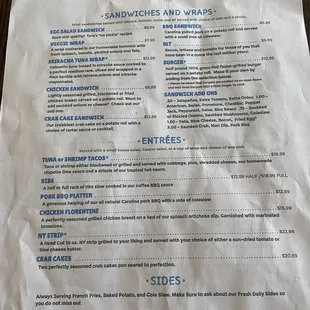 Back of menu
