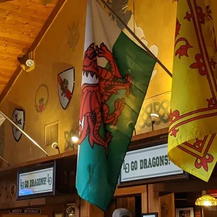 flags hanging from the ceiling