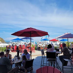 a group of people sitting at tables under umbrellas