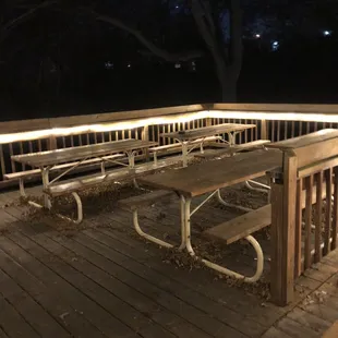 a view of the deck at night