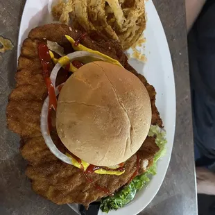 a burger and onion rings