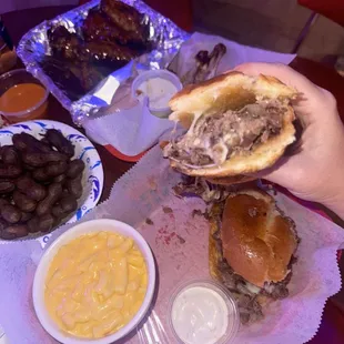 Steak sandwich, wings, boiled peanuts, Mac n cheese
