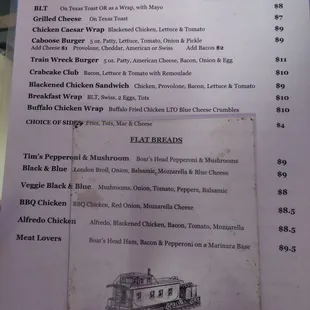 the menu for the caboose