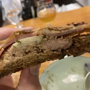 Tender pork panini pressed to a nice crisp.