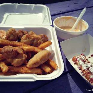 Fried Oysters, Fries, Hush puppies, chowder &amp; funnel cake fries... lunch of champs.
