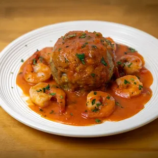 Mofongo with shrimp in marinara sauce
