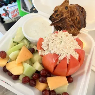 Low Cal Plate-Stuffed Beefsteak Tomato with chicken salad. (Purchased to-go)