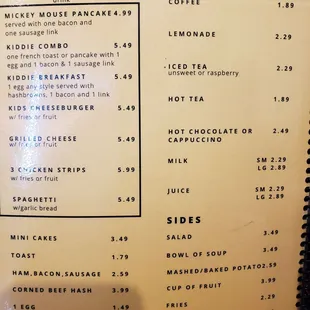 the menu and prices