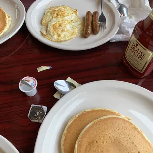 Eggs, sausage and pancakes