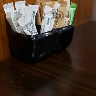 White sugar, raw sugar and green sugar (okay, it is actually Stevia).