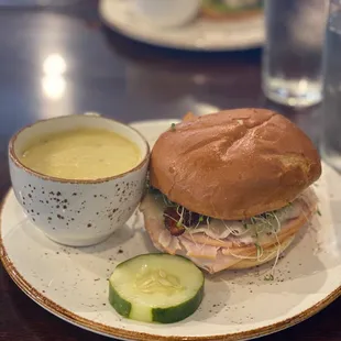 Turkey bacon avocado sandwich with creamy potato soup.