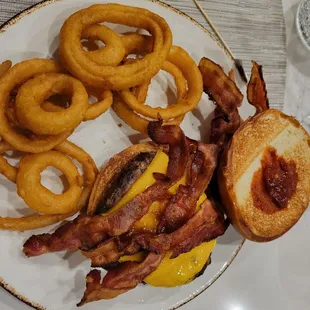 Cowboy  burger with onion rings.