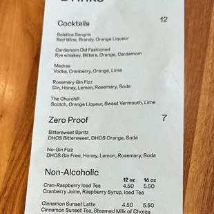 April 2024 menu for seasonal drinks