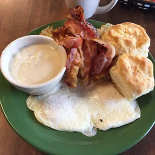 Two eggs, a gang of bacon, hash browns &amp; 2 biscuits &amp; gravy for about $8!