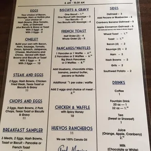 Breakfast menu