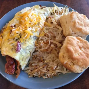 Loaded omelet, biscuits &amp; gravy and a huge portion of hash browns! $8!!