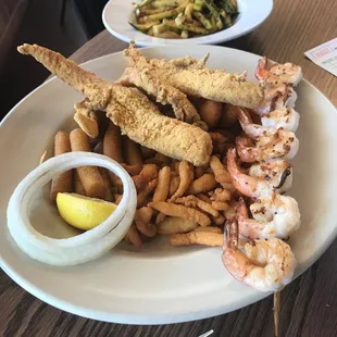 Glenda's seafood plate. Catfish, shrimp, clam strips