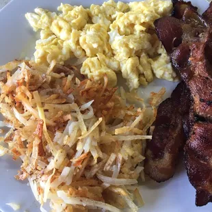 bacon, hash browns, eggs, and hash browns