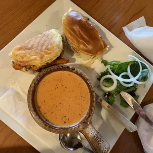 Garlic/Brie burger and tomato/blue-cheese bisque (both were specials of the day) $15 total 7/2021