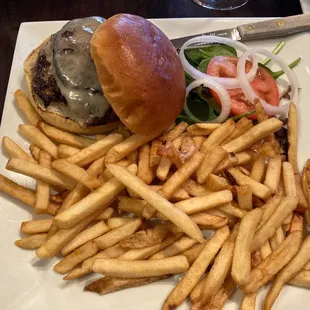 Mushroom Swiss Burger and Fries