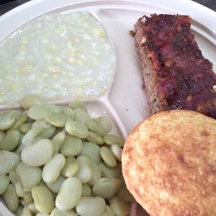 Meatloaf, butter beans, cream corn