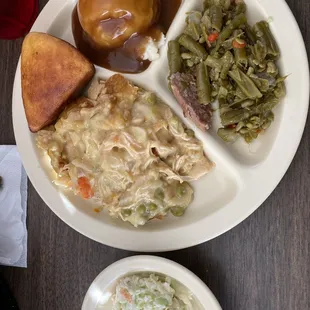 Chicken pot pie special with green beans, mashed potatoes &amp; gravy and coleslaw. (Sorry for sideways pic upload)