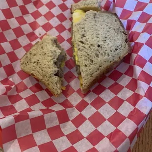 My delicious gluten free egg and sausage breakfast sandwich.