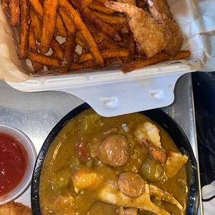 Gumbo and shrimp/ sweet potatoes