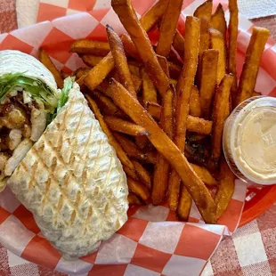 Grilled shrimp &amp; bacon wrap with sweet potato fries