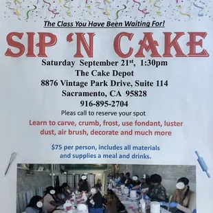 Sip &apos;N Cake
Fun cake decorating class with food and drink
$75 per person