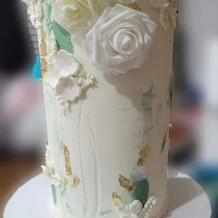 Double barrel wedding cake. Carrot cake with cream cheese filling. It was just perfect, sage, white and gold....beautiful